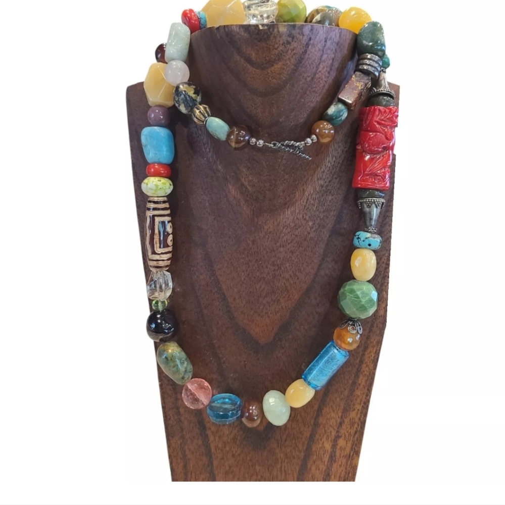 Chunky Semi Precious Stone Necklace Multi Color Large Beads Metal 33 Inch